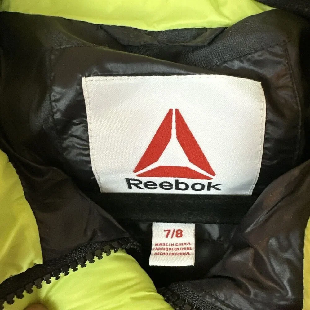 Reebok Girls/Boys Black LIME Puffer Coat Jacket Removable Inner Layer Size 7/8
